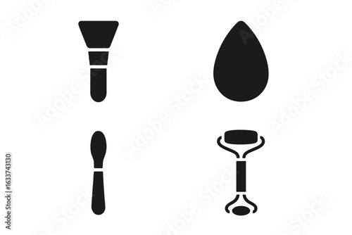 Skincare application tools icons set. Solid vector symbols of silicone facial brush, foundation blending sponge, beauty spatula, jade roller. Skincare accessories for makeup, spa, cosmetic routine.