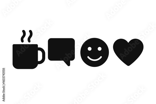 Coffee Break Icons Set. Solid Black Vector Symbols for Virtual Meeting, Remote Work, Corporate Chat, Online Communication, Team Building, Smiling Face, Heart Love, Office Coffee Mug