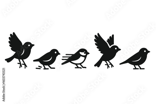 Small birds motion icons set. Solid filled vector silhouettes of songbirds in motion, flying, hopping, flapping, running, perched. Robin, finch, great tit, canary, warbler. Bird movement illustration.