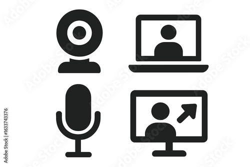 Solid Filled Virtual Meeting Icon Set, Webcam, Laptop Video Call, Microphone, Screen Sharing Symbols, Online Communication, Remote Work Tools, Web Conference, Digital Collaboration Vector