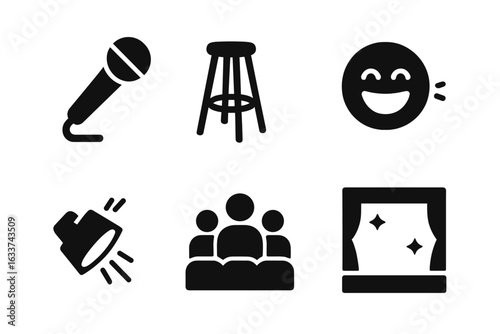 Stand-up comedy icons set. Microphone, stool, laughing face, audience, stage spotlight, theater curtains. Solid black vector illustration. Comedy night, performance, open mic, entertainment essentials