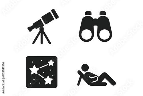 Stargazing tools and activities icon set. Astronomy, night sky observation, telescope, binoculars, star constellation map, reclined person stargazer. Solid design vector isolated on transparent.
