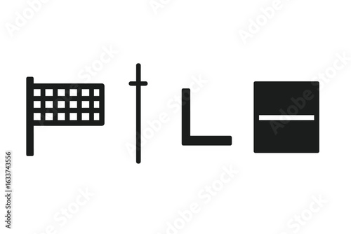 Volleyball Court Elements Icons Set. Solid Filled Vector Symbols of Net, Post, Antenna, Boundary Line, Attack Line. Black Minimalist Sports Design for Rules, Equipment, Layout, Instructions, Tactics