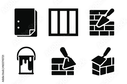 Wall construction icons set. Solid black filled vector symbols for drywall, stud framing, brick wall, masonry trowel, wall painting, plastering, construction materials, renovation, builder tools