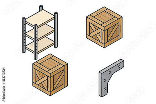 Isometric warehouse shelving system vector illustration, flat metal storage rack icon set, wooden crates, shipping containers, metal corner bracket, industrial logistics, stacking equipment visuals
