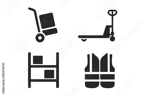 Warehouse equipment vector icons set, solid filled logistics and storage tools, hand truck, pallet jack, shelving, safety vest, industrial warehouse symbol pack, isolated commercial illustration