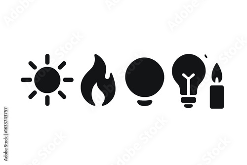 Black Solid Warmth and Light Icon Set—Sun, Flame, Glowing Orb, Light Bulb, Candle Flame—Vector Design for Energy, Heat, Illumination, Power, Fire, Brightness Concepts, Graphic Elements