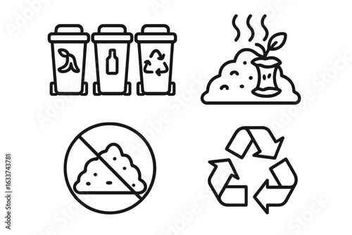 Waste Management and Recycling Outline Vector Icons Set. Garbage Sorting Bins, Compost Pile, Landfill Prohibition, Recycle Symbol. Sustainable Ecology, Zero Waste, Environmental Responsibility