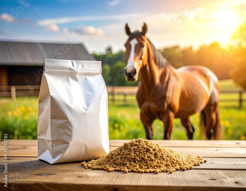 Horse feed in a bag sits on a wooden table outdoors, with a horse in the background