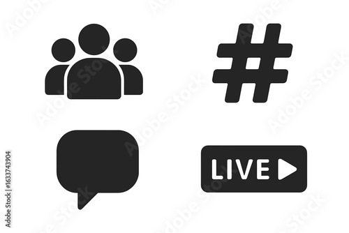 Social Media Icon Set. Solid Black Vector Followers Group, Hashtag Symbol, Comment Speech Bubble, Live Streaming Play Button. Digital Media Communication, User Interaction, Community, Trend Symbol
