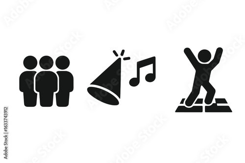 Group people party icons. Youth gathering celebration, dance floor, party hat, music note. Young friends socializing, dancing, having fun together. Festive event, nightlife, social activity symbols.