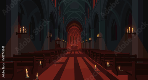 Creepy church interior with dark atmosphere and flickering candles  