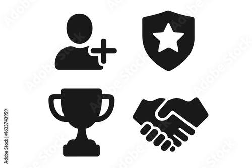 Social rewards vector icon set. Solid filled symbols for multiplayer achievements, collaboration, community, teamwork, friend invite, clan badge, trophy, handshake, social media, reward concepts.