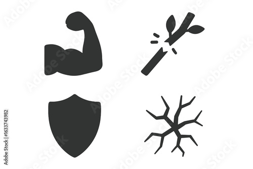 Strength and Fragility Concept Icons Set. Solid Vector Symbols of Muscle Arm Power, Broken Twig Weakness, Security Shield Protection, Cracked Wall Vulnerability. Contrast Force and Delicacy
