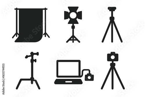 Studio photography equipment icons set. Solid filled vector illustration collection of backdrop frame, studio lighting, spotlight, tripod, C-stand, computer tether for professional photo shoot setup.