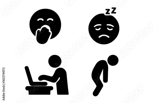 Fatigue and Tiredness Icons Set. Sleepy Yawning Face, Exhausted Droopy Eyes, Slouching Posture, Slow Typing Worker, Overworked Office Employee, Signs of Needing Rest. Solid Silhouette Vector.