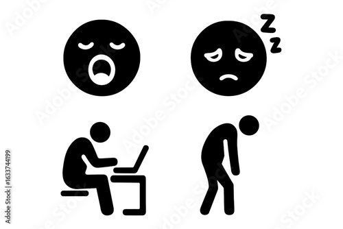 Signs of Tiredness Icons Set. Sleepy Yawning Face, Droopy Eyes, Slouched Body, Slow Typing. Fatigue, Exhaustion, Lack of Sleep, Drowsiness. Body Language of Sleep Deprivation. Vector Illustration