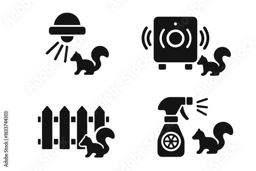 Skunk Deterrent Vector Icons Set. Solid Filled Illustrations of Skunk Repellent Methods: Motion Sensor Light, Ultrasonic Sound Device, Fence Barrier, Citrus Spray. Pest Control Concepts