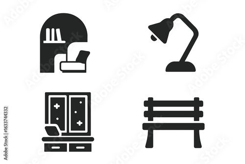 Solitude icon set. Solid filled vector icons collection of solitude and reflection spaces: cozy reading nook, desk lamp, window seat, garden park bench. Interior and outdoor relaxation concepts.