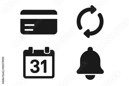 Solid subscription management icons set. Credit card payment, recurring auto-renewal arrow, calendar date, alert notification bell. Vector illustration. Financial planning, billing reminders.