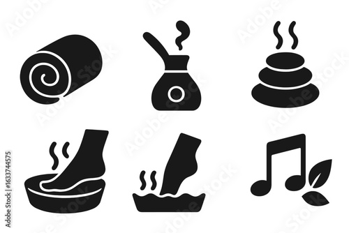 Spa Wellness Solid Icon Set. Vector Clipart of Relaxation and Spa Therapy Essentials—Rolled Towel, Facial Steamer, Hot Stones, Foot Bath, Massage, Aromatherapy, Music Therapy Symbols