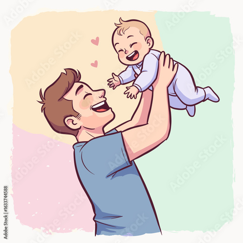 Dad lifting baby high with joy in playful, pastel colored background  