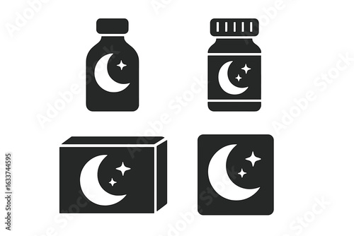 Sleep Aid Packaging Icons Set. Solid Filled Vector Illustrations of Sleep Aid Medicine Bottles, Plastic Pill Containers, Carton Boxes, Labels, Nighttime Remedy Symbol, Pharmacy Graphics