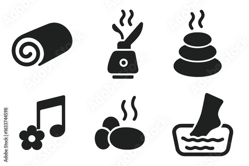 Spa Ritual Icon Set. Solid Filled Vector Symbols of Relaxation and Wellness with Rolled Towel, Facial Steamer, Hot Stones, Foot Bath, Aromatherapy, Soothing Music for Beauty Treatments