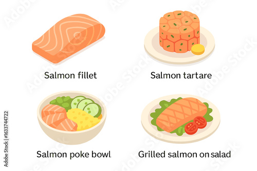 Isometric salmon menu food icons set. Salmon fillet, salmon tartare, Hawaiian poke bowl, grilled salmon on salad, healthy meal options, vector illustration isolated, restaurant seafood dishes