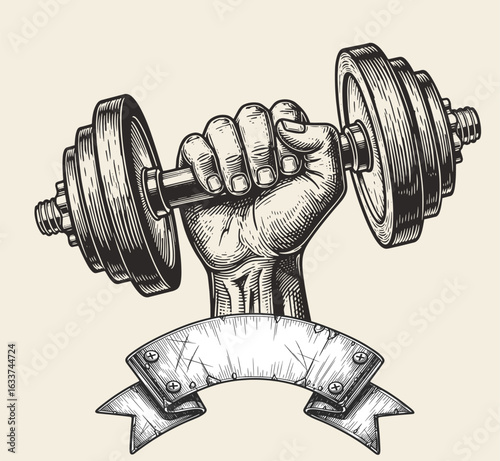 dumbbell in hand sketch engraving vector illustration. T-shirt apparel print design. Scratch board imitation. Black and white hand drawn image.