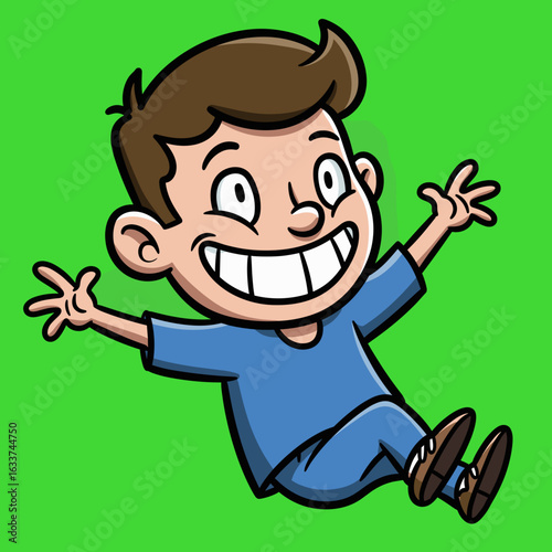 Cartoon boy with goofy smile jumping joyfully on green background  