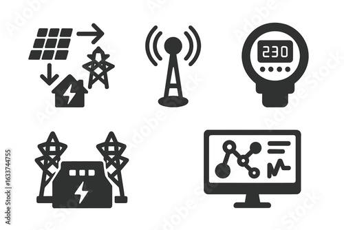 Smart grid vector icons collection. Renewable energy flow, electricity distribution, power station, smart meter, wireless data transmission, monitoring dashboard. Solid utility system illustration.