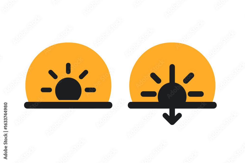Naklejka premium Sunrise and Sunset Icons Set. Vector Illustration of Rising Sun and Setting Sun in Orange Sky. Solid Filled Symbol Collection for Weather App, Nature Scene, Dawn, Dusk, Horizon, Daylight Transition