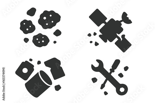 Space hazards icons set. Solid vector illustration of asteroid field, broken satellite, orbital debris, space junk, lost tools, spaceship damage, cosmic danger, floating objects in outer space