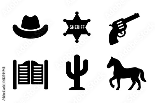 Wild West solid vector icon set. Western cowboy hat, sheriff badge, revolver pistol, saloon swinging doors, cactus, horse silhouette. American old west, vintage rodeo, lawman, desert illustration.