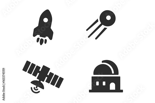Space mission icons vector set. Rocket launch, satellite, space probe, astronomical observatory. Solid filled glyph style space exploration symbols. Science technology vector illustration.