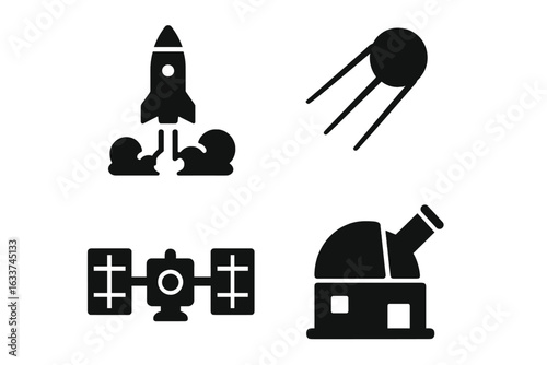 Space exploration icons set solid black. Rocket launch, satellite, space probe, observatory, astronomy equipment. Vector illustration. Space mission symbols, technology, science education, research.