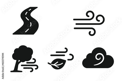 Windy weather vector icon set. Curved winding road, strong gust of wind, blowing tree, floating fallen leaf, swirling cloud. Solid black silhouette weather symbols. Nature elements isolated.
