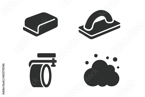 Sanding Tools Icons Set. Solid Filled Vector Symbols of Sanding Block, Hand Grip Sander, Sandpaper Roll Clamp, Dust Cloud. Construction and DIY Accessories Isolated on Transparent Background