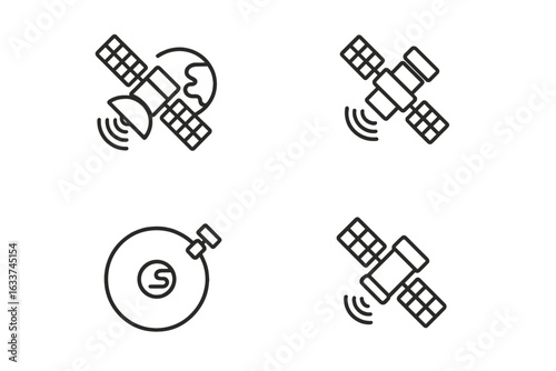 Satellite icon set. Outline vector icons of orbital mechanics, communication satellite, low Earth orbit satellite, geostationary satellite, GPS, broadcasting, space technology, Earth observation