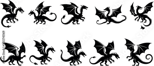 silhouette set, fantasy creature icons, mythical beast shapes,  vector illustration fantasy creature icons,  flying dragon poses, winged reptile designs, vector illustration collection
