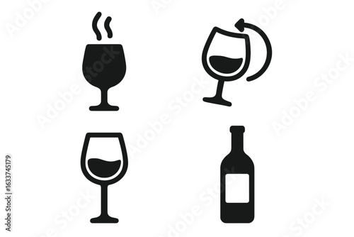 Wine tasting icon set, bold vector symbols. Wine glass, swirling wine, wine aroma, wine bottle label. Black filled silhouettes. Sommelier, tasting, beverage elements for bar, menu, liquor store, event