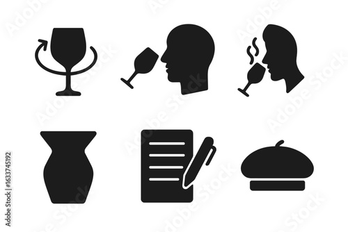 Wine Tasting Icon Set. Solid vector icons of wine swirl, sip, sniff, sommelier, spittoon, tasting notes, beret, head profile. Wine evaluation symbols for tasting event, sommelier training, drinks menu