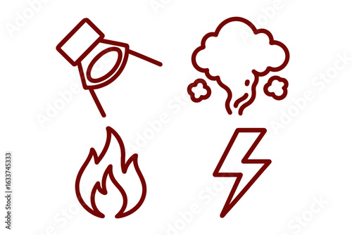 Villain atmosphere icons set. Outline villain lighting, evil red spotlight, dramatic smoke puff, danger flame silhouette, electricity lightning bolt. Crime mood elements. Vector illustration.