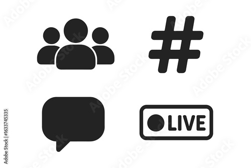 Social media icon set vector. Solid black symbols for followers group avatar, hashtag, comment bubble, live stream label. Modern user interface UX elements. Social network communication illustration