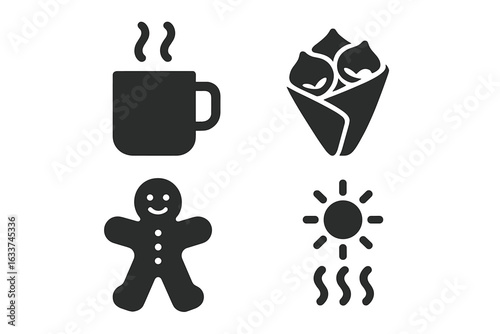 Winter food and drink icons collection. Hot chocolate mug, roasted chestnuts, gingerbread cookie, warm sun. Cozy seasonal snacks vector set. Black solid silhouette symbols for winter comfort cuisine.