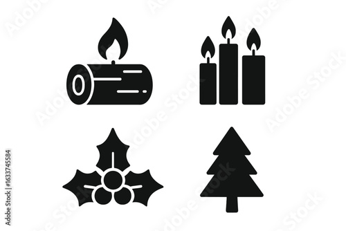 Winter Solstice Icon Set. Solid Black Vector Illustrations Featuring Yule Log, Burning Candles, Holly Leaves with Berries, Evergreen Christmas Tree. Seasonal Holiday Symbols, Winter Festival Elements