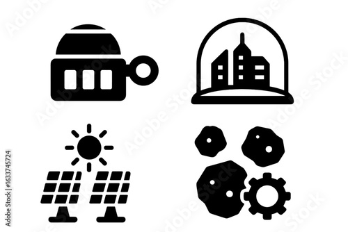 Space Colonization Icons Set. Futuristic Space Habitat Dome City, Solar Power Array, Extraterrestrial Resource Mining, Interplanetary Settlement Technology. Solid Filled Vector Illustration.
