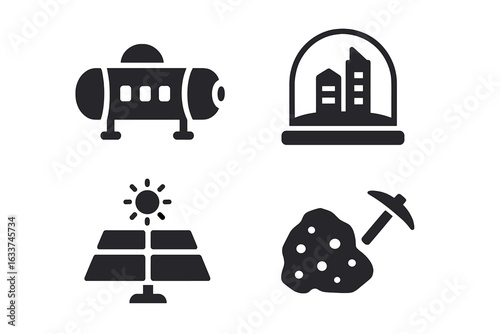 Space colonization icons set. Futuristic space habitat, domed city, solar energy farm, asteroid mining, resource extraction. Solid vector style. Space settlement, exploration, sci-fi colony
