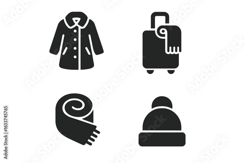 Winter travel essentials icons set, solid filled vector illustrations of suitcase with coat, scarf, packed winter looks, foldable travel gear, cold weather packing symbols